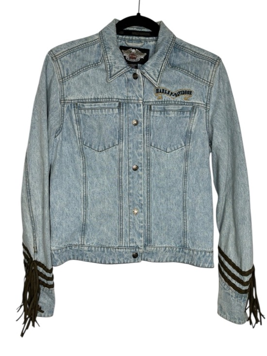 Harley-Davidson Jackets & Blazers - VTG Harley-Davidson Embroidered Denim Jacket Leather Fringe Button Front Small